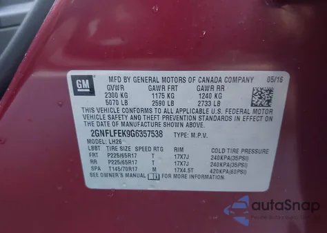 2016 Chevrolet Equinox Lt z USA, uszkodzony, nr VIN 2GNFLFEK9G6357538